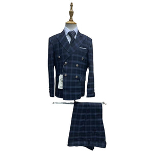 Black/Navy Plaid Double Brested 5 pc Suit