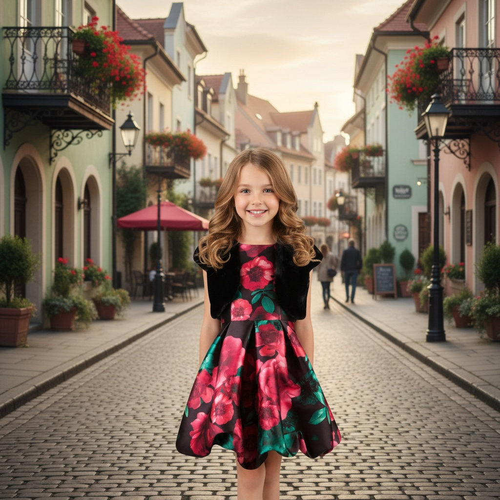 Paparazzi Girls Red Floral Party Dress with Black Bolero