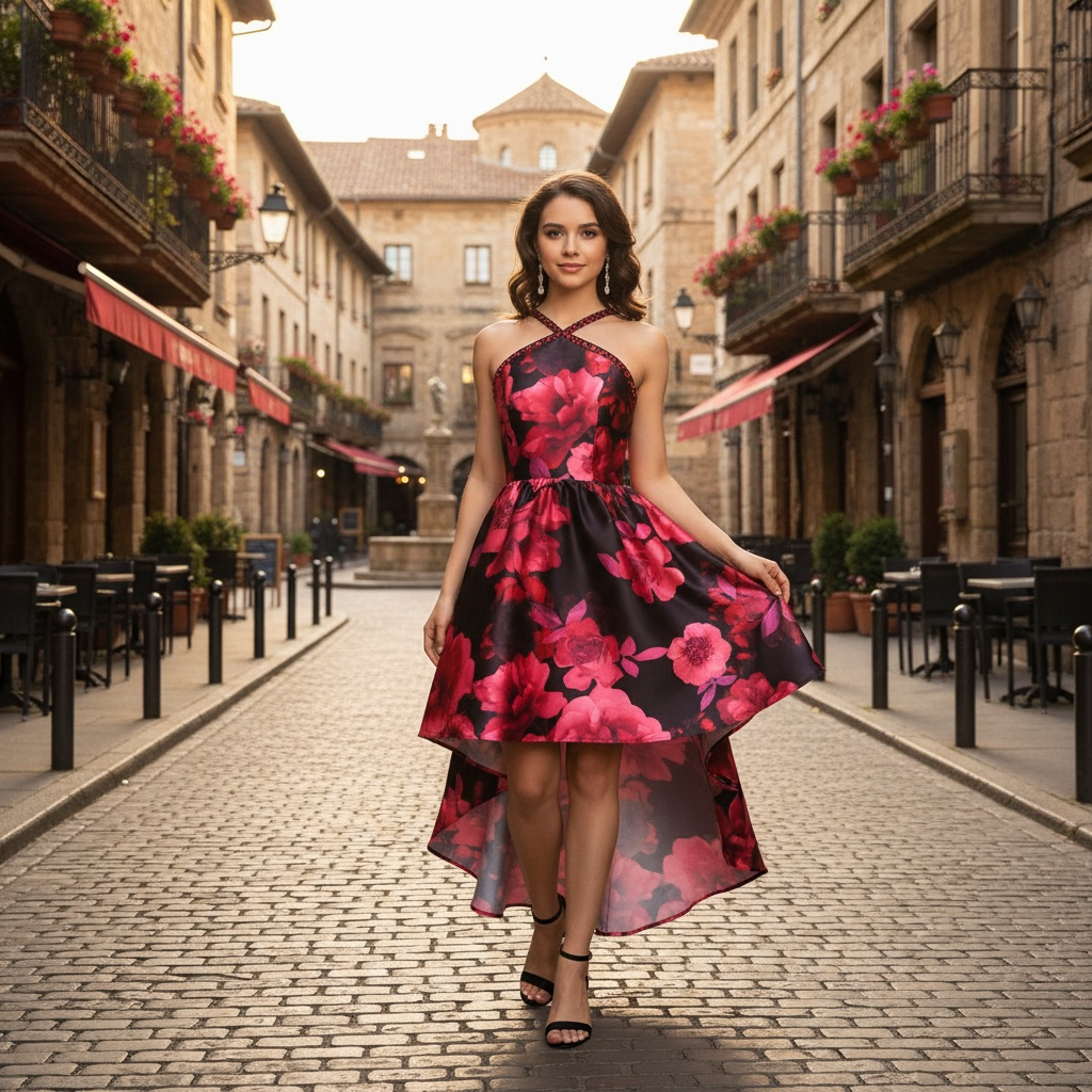 Black & Red Floral High-Low Dress