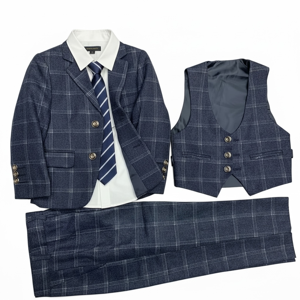 Ronaldo Black Charcoal Plaid 5 pc Suit