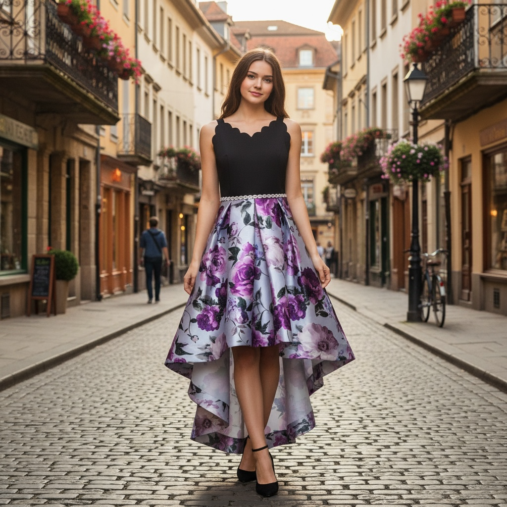 Black & Purple Floral High-Low Dress