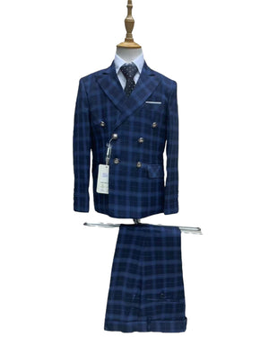Navy Blue Plaid Double Brested 5 pc Suit