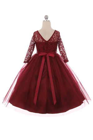 Couture Diamond design dress 3/4 lace sleeve in Burgundy
