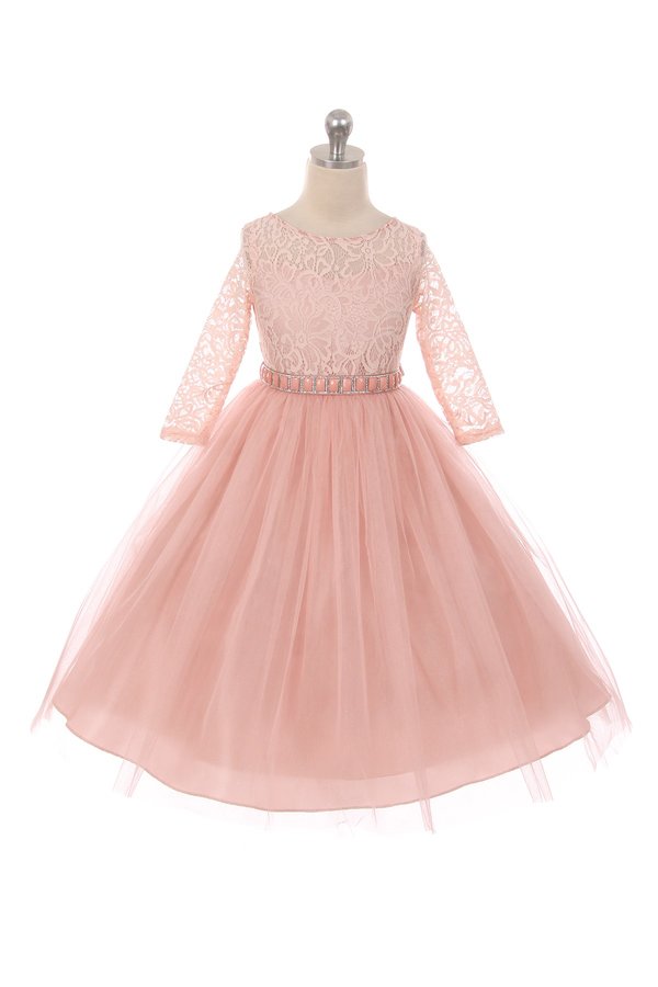 Couture Diamond design dress 3/4 lace sleeve in Blush Pink