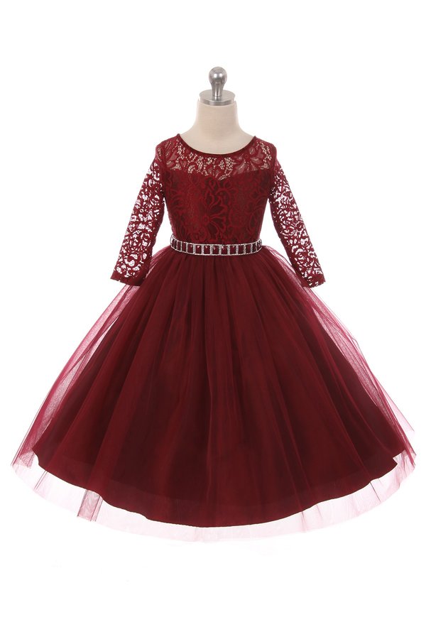 Couture Diamond design dress 3/4 lace sleeve in Burgundy