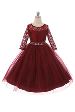 Couture Diamond design dress 3/4 lace sleeve in Burgundy