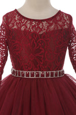 Couture Diamond design dress 3/4 lace sleeve in Burgundy