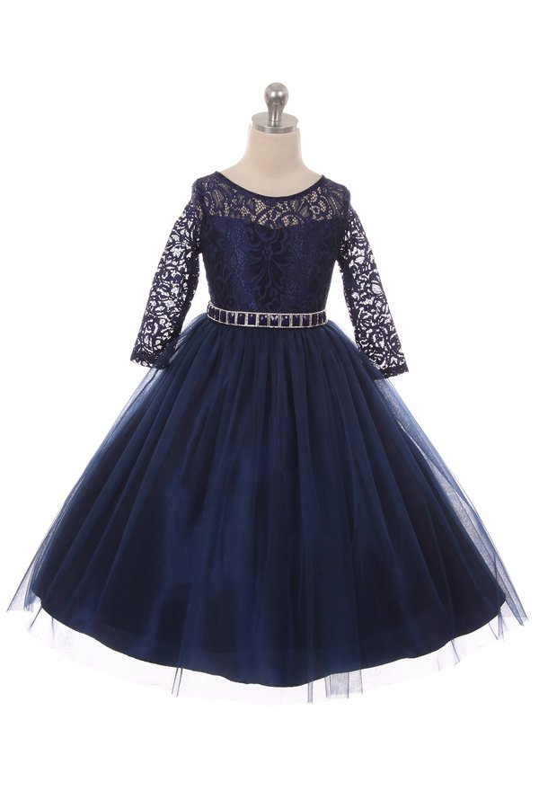 Couture Diamond design dress 3/4 lace sleeve in Navy Blue