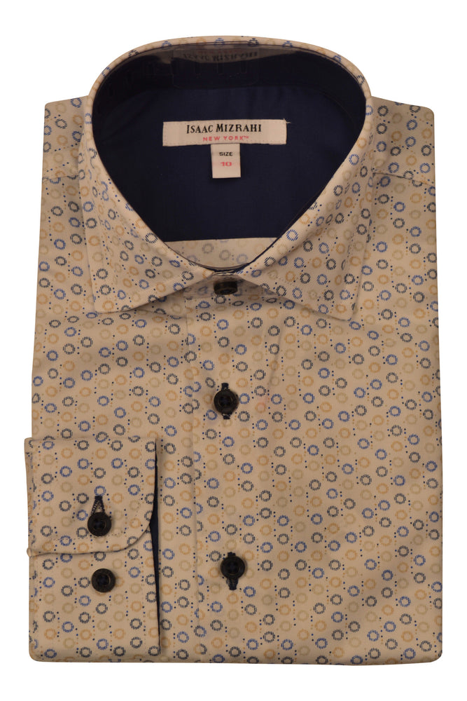 Designer White with Blue and Brown Print Dress Shirts
