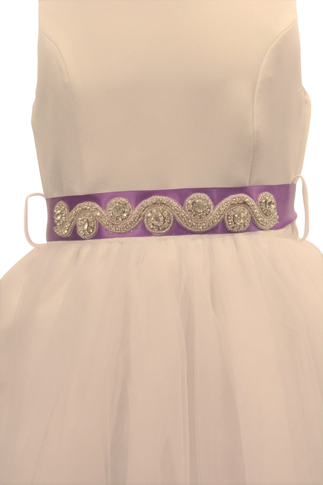 Ashley Dress with Deep Purple Petals and Diamond Crusted Ribbon