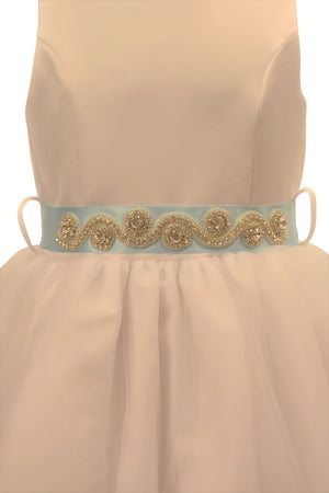 Ashley Dress with Sky Blue Petals and Diamond Crusted Ribbon