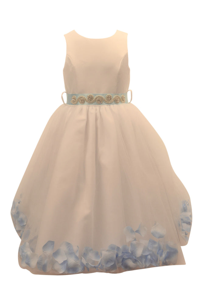 Ashley Dress with Sky Blue Petals and Diamond Crusted Ribbon