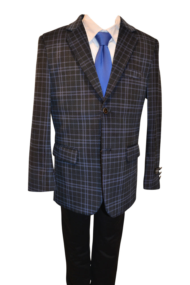 Ronaldo Boys Designer Single-Breasted Navy Blue Plaid Velvet Blazer Jacket