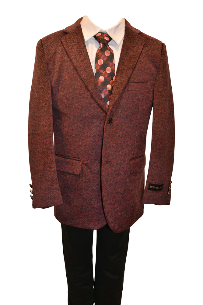 Ronaldo Boys Designer Single-Breasted Burgundy Velvet Blazer Jacket