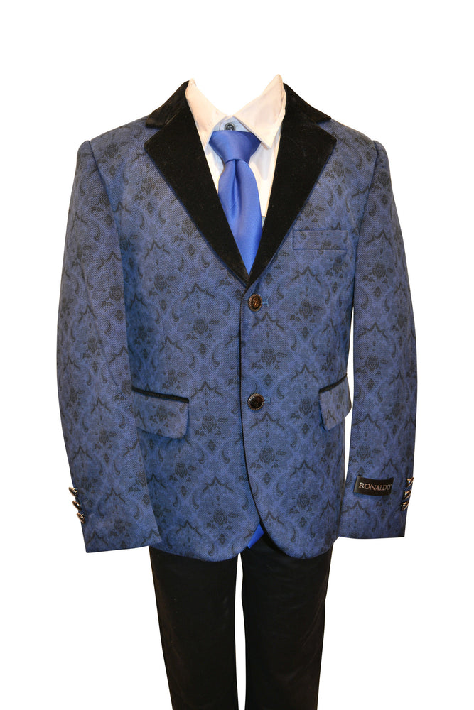 Ronaldo Boys Designer Single-Breasted Turquoise and Black Lapel Velvet Blazer Jacket