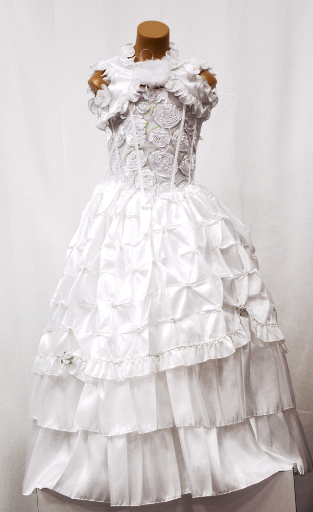 Paparazzi White Communion Dress w/ Silver Trim & Floral Embellished Satin Skirt
