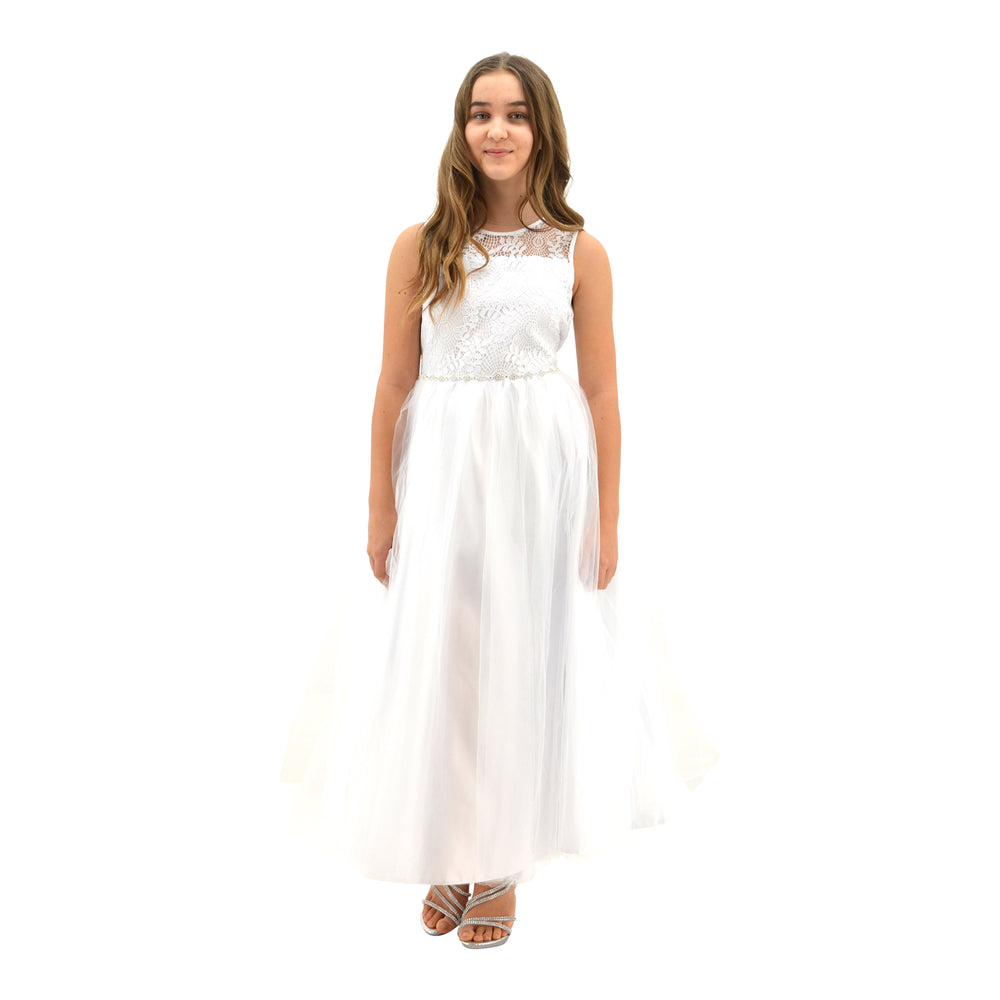 Paparazzi White Lace Communion Dress with Embellished diamond waist