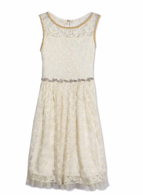 Designer Lace Pleated Dress in Ivory