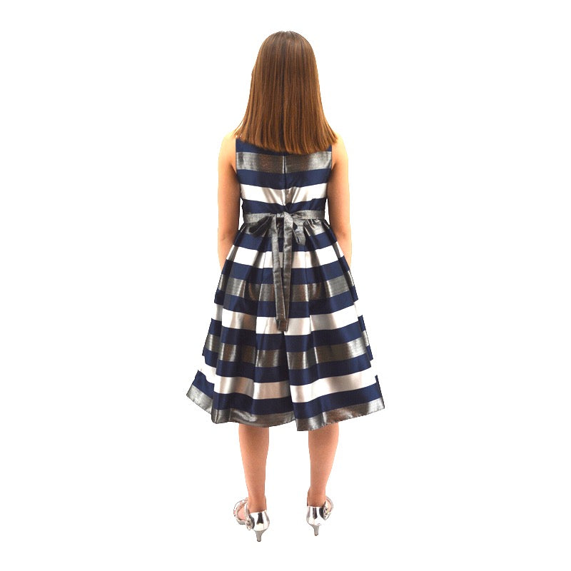 Paparazzi Designer Navy and Silver Ceveron Stripe Dress
