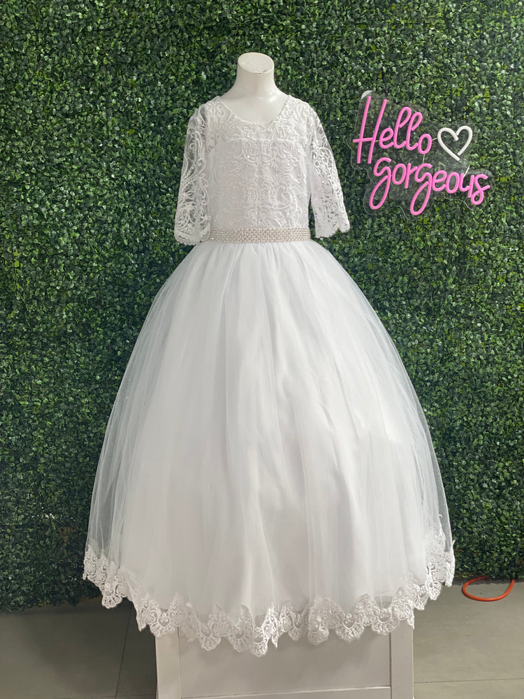 Paparazzi White Designer Flower Bud Bodice With Lace Sleeves