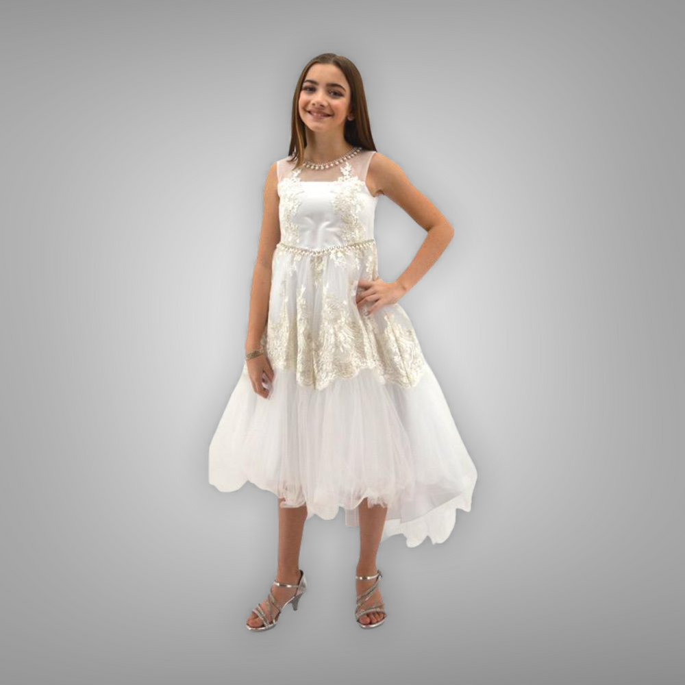 Paparazzi White Satin Communion Dress w/ Illusion Neckline & Embellished Organza Overlay