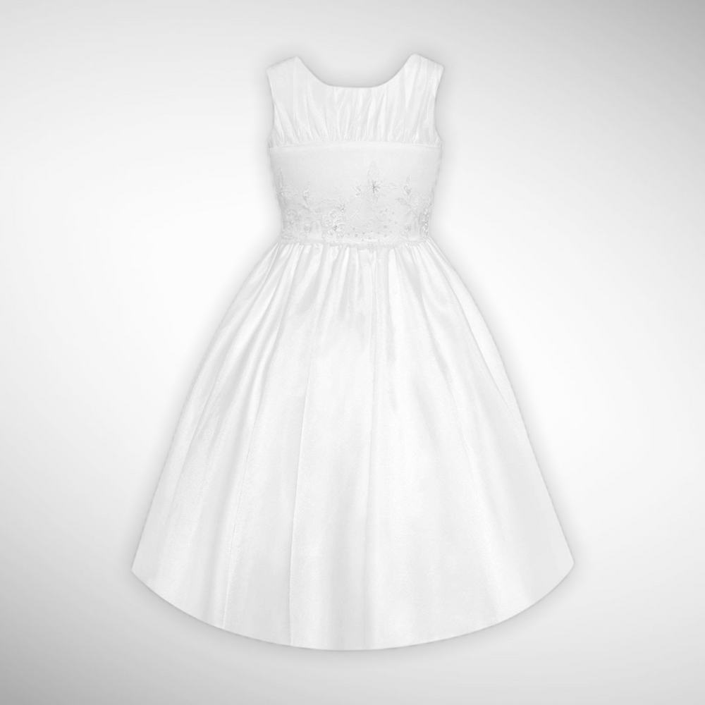 White Communion Beaded Satin Bodice w/ Organza Skirt