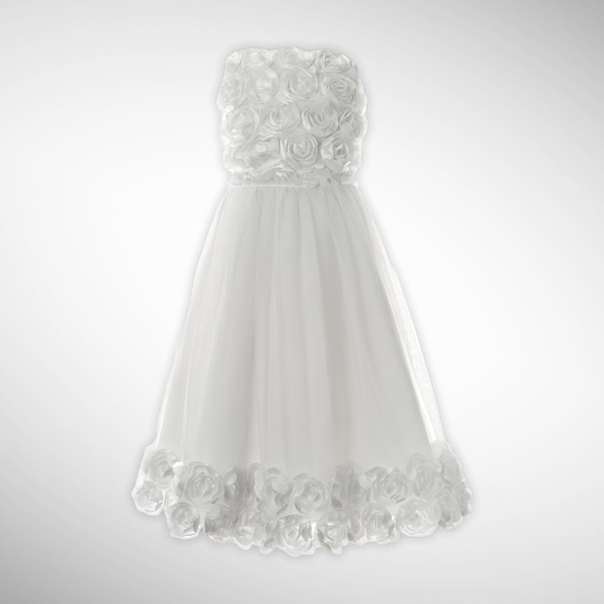 Designer White Satin Flower Crested Bodice Dress