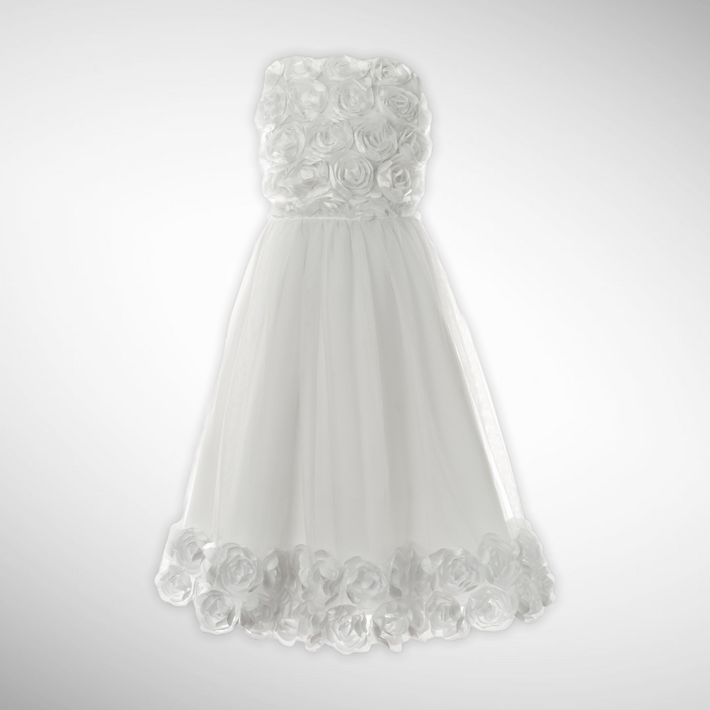 Designer White  Satin Flower Crested Bodice  Dress